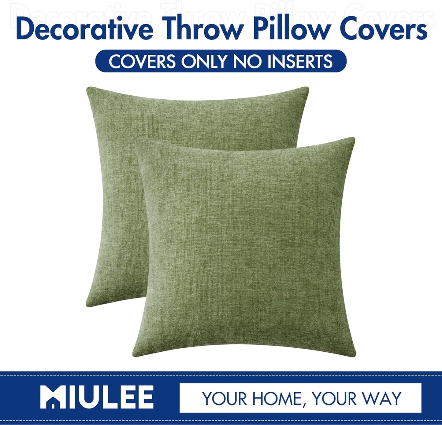 MIULEE Couch Throw Pillow Covers - Soft Sage Green Chenille | Pack of 2, 18x18 Inch for Living Room