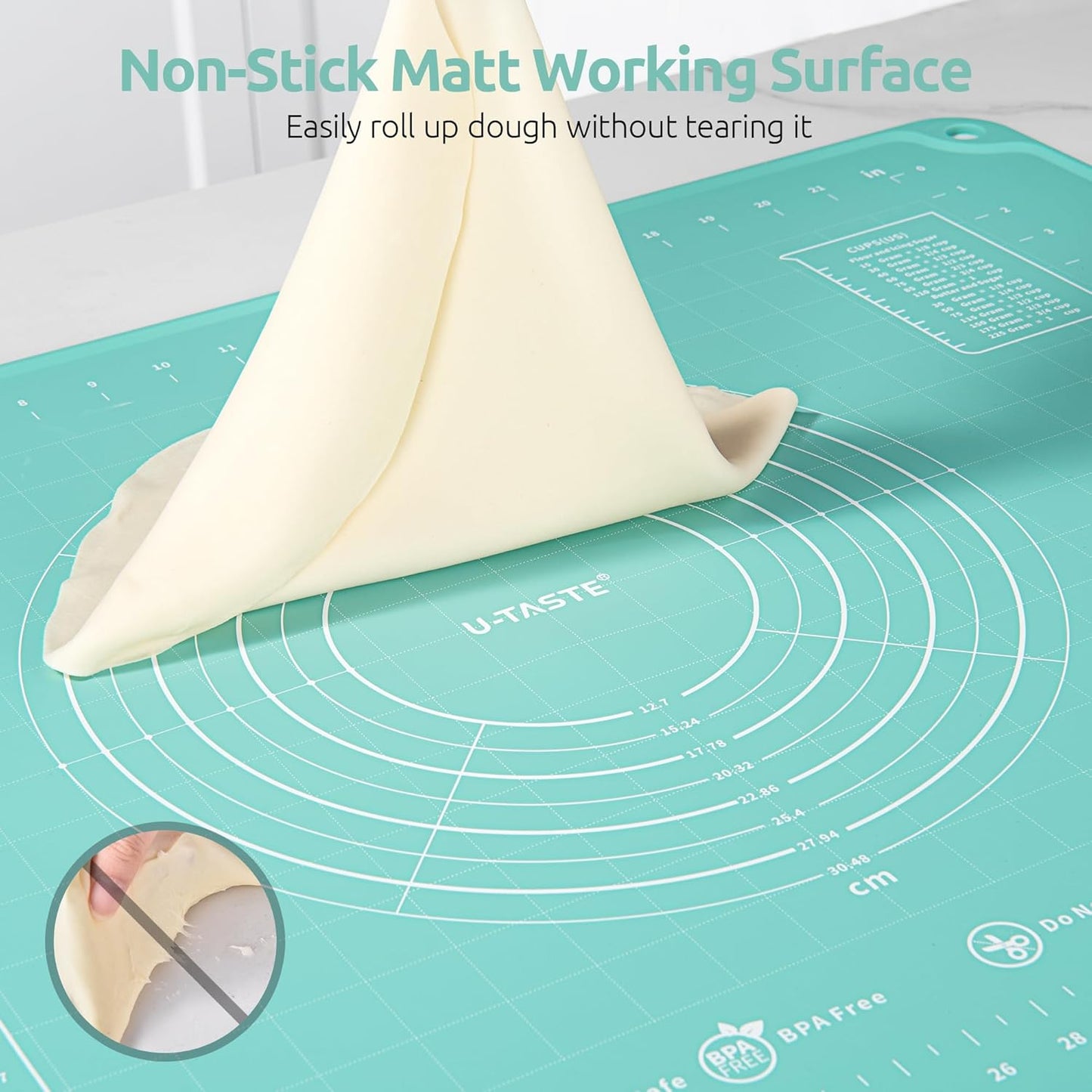 U-Taste Large Pastry Mat - 28"x20" Food-Grade Silicone Baking Sheet with Non-Stick Surface & Clear Measurements (Aqua Sky)