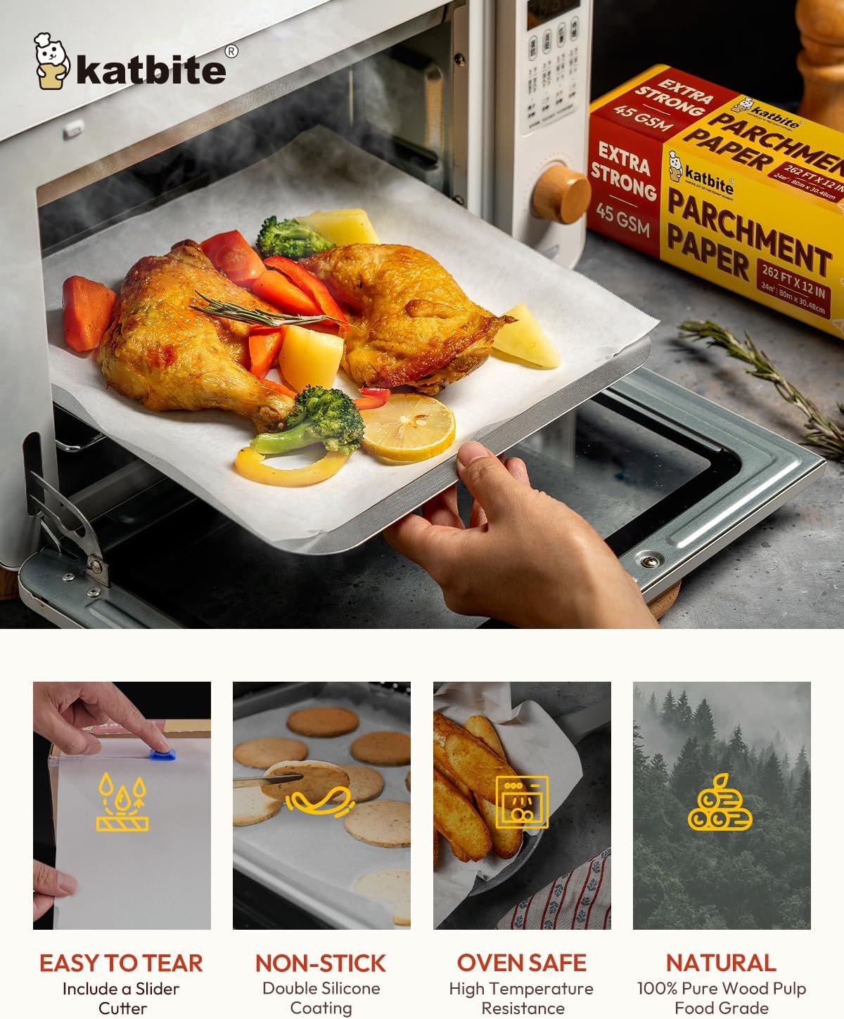 Katbite Heavy Duty Parchment Paper Roll - 12 In x 524 Ft Non-Stick Baking Paper for Cooking & Grilling