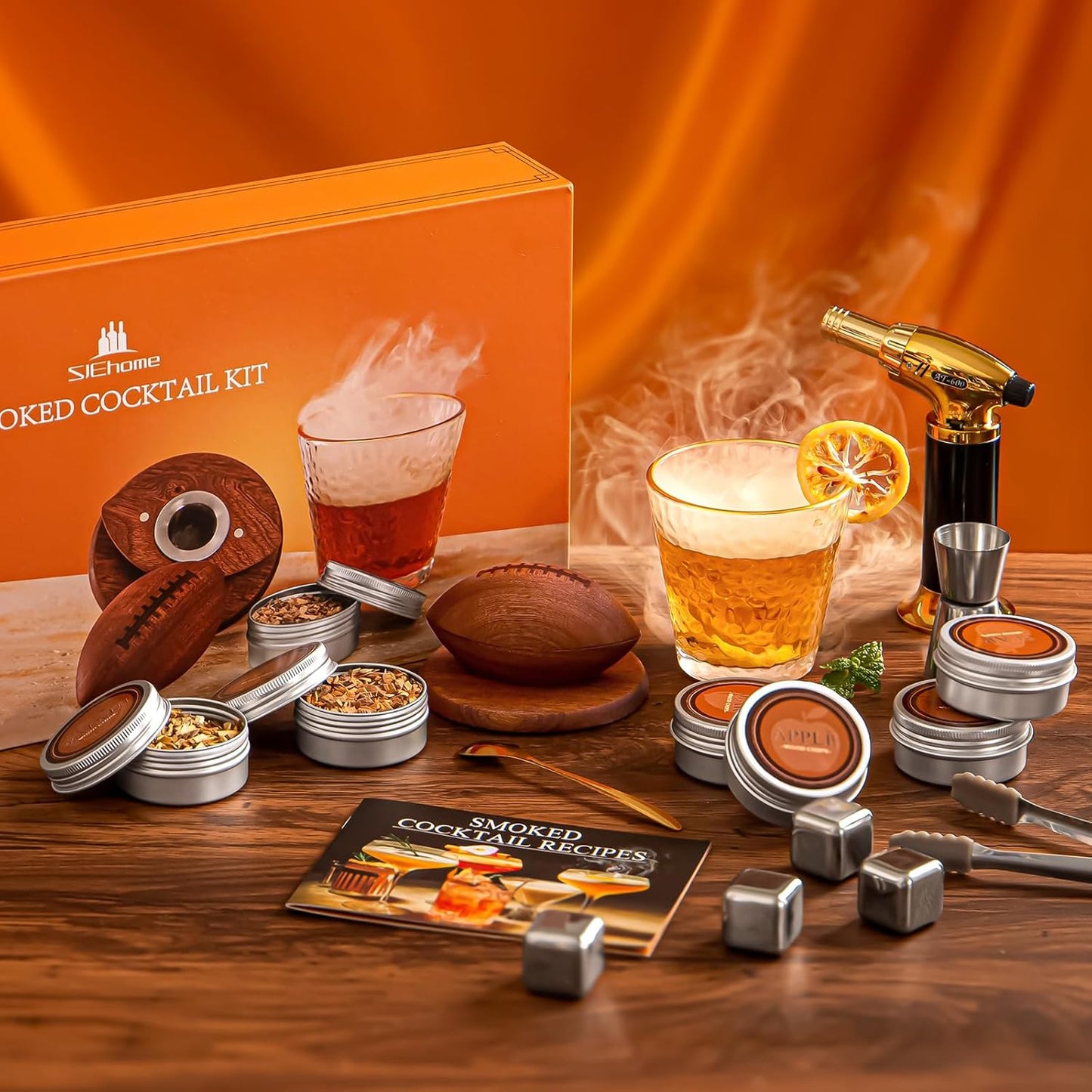 SJEhome Cocktail Smoker Kit with Torch, 6 Flavors Wood Chips, Rugby Shaped Bourbon Whiskey Smoker Infuser Kit, Old Fashioned Drink Smoker Kit, Birthday Whiskey Gifts for Men, Dad, Husband (No Butane)