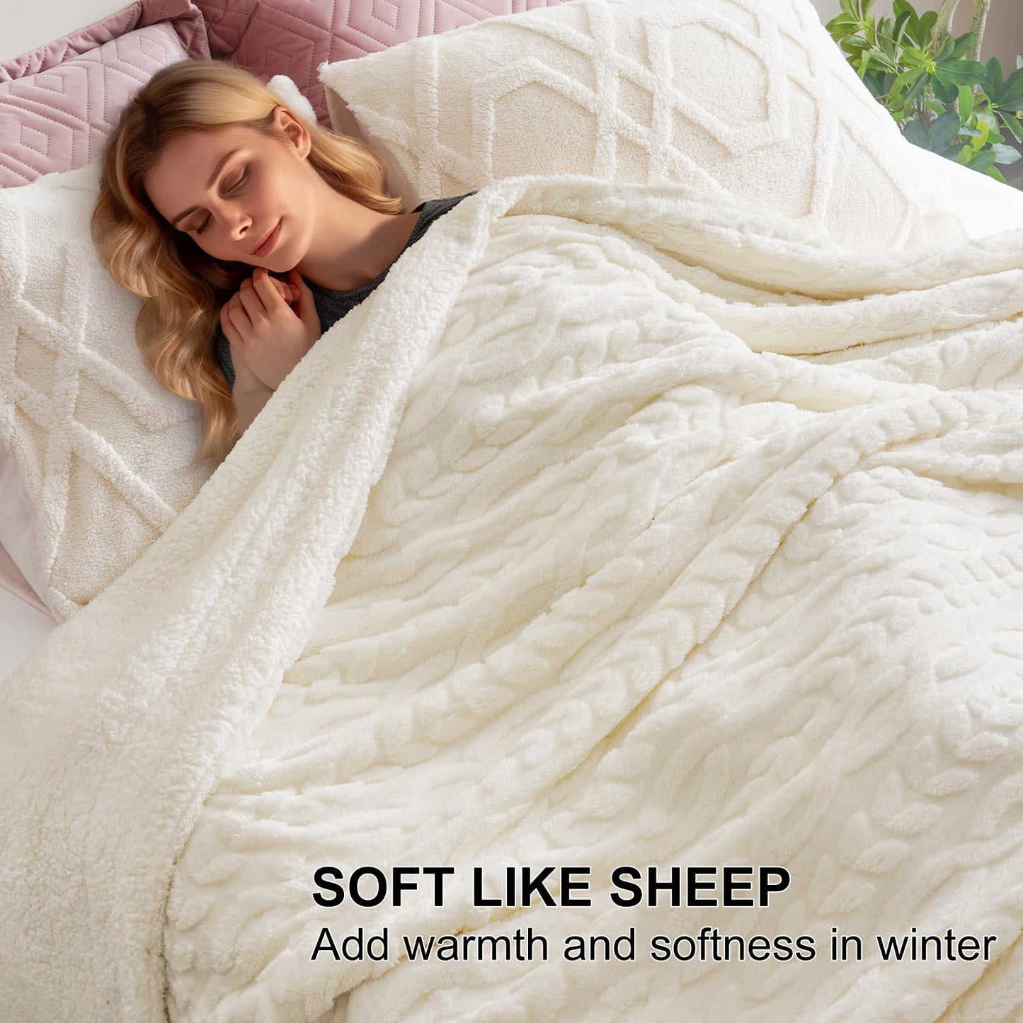PHF Fluffy Sherpa Blanket King Size for Winter, Warm and Soft, 510GSM 3D Jacquard Thick Shaggy Fleece Plush Blanket for Sofa Bed, Cream, 108"x90"
