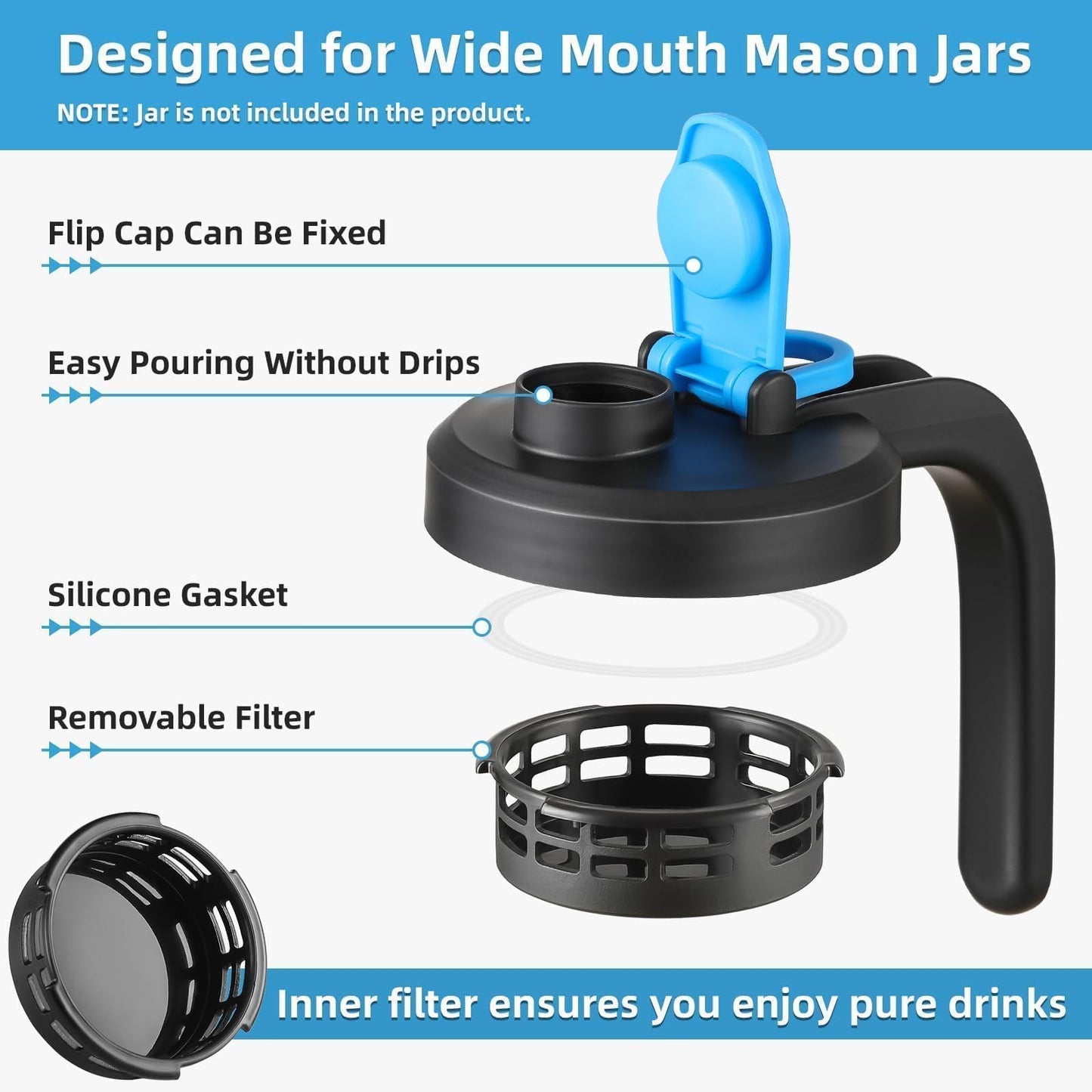 [UPGRADED LID] Wide Mouth Mason Jar Pour Spout Lids with Detachable Filters - 2 Pack Flip Top Pitcher Lids with Handle for Ball, Kerr & Others- Leak Proof Seal Cover Cap, Dishwasher Safe, Food Grade