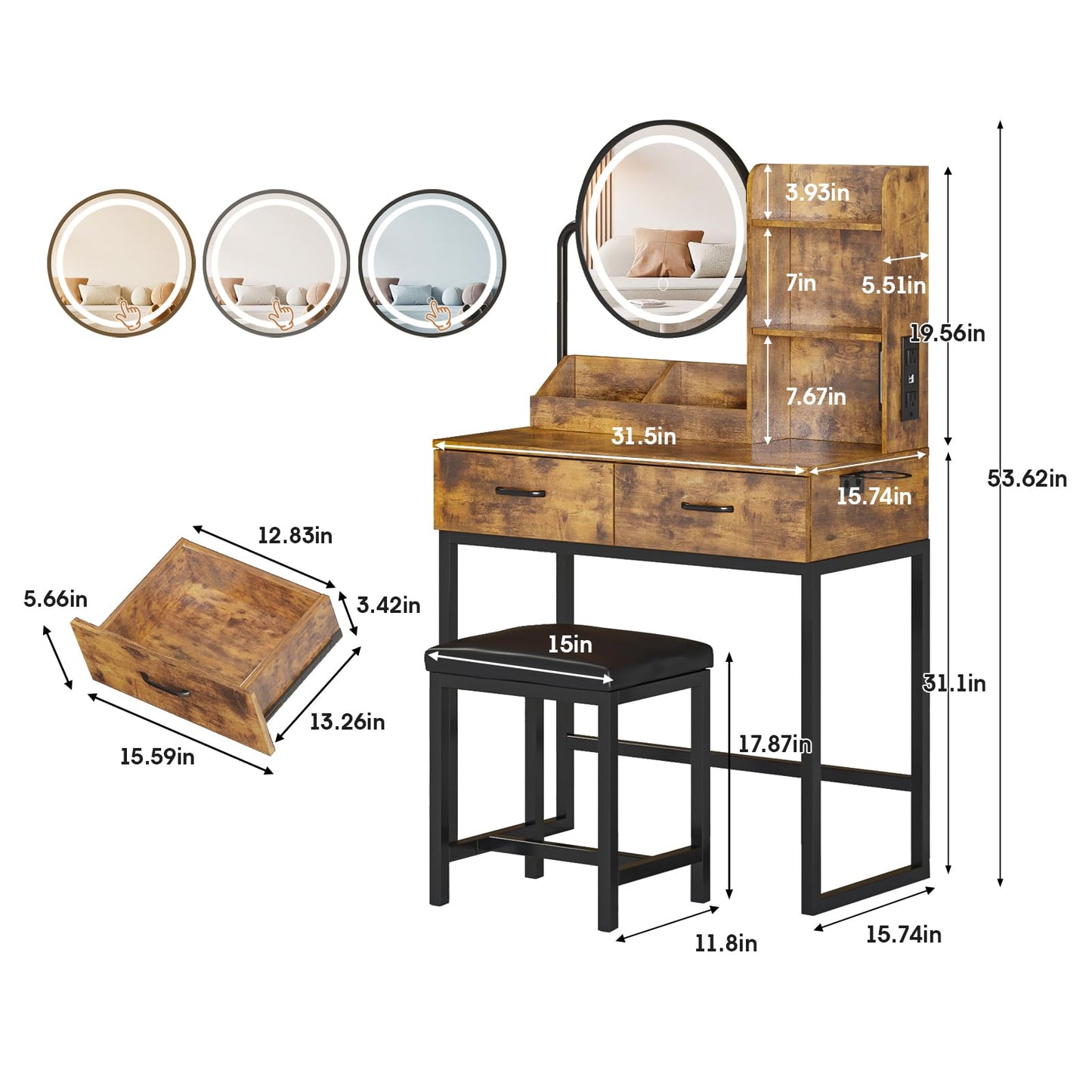 Makeup Vanity Desk with Round Mirror and Lights, White Vanity Makeup Table, Small Vanity Table for Bedroom with Lots Storage, 3 Lighting Modes, 31.5in(L)