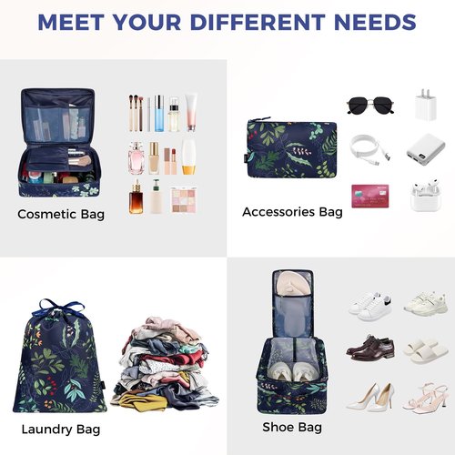 BAGAIL Packing Cubes Set - 8 Travel Organizers for Efficient Luggage Packing | Navy Leaf Design