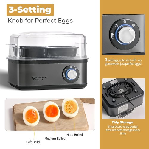 Annie & Mia Design Stainless Steel Electric Egg Cooker - 8 Egg Capacity, 500W, Auto Shut-Off, Recipe Guide (Black)