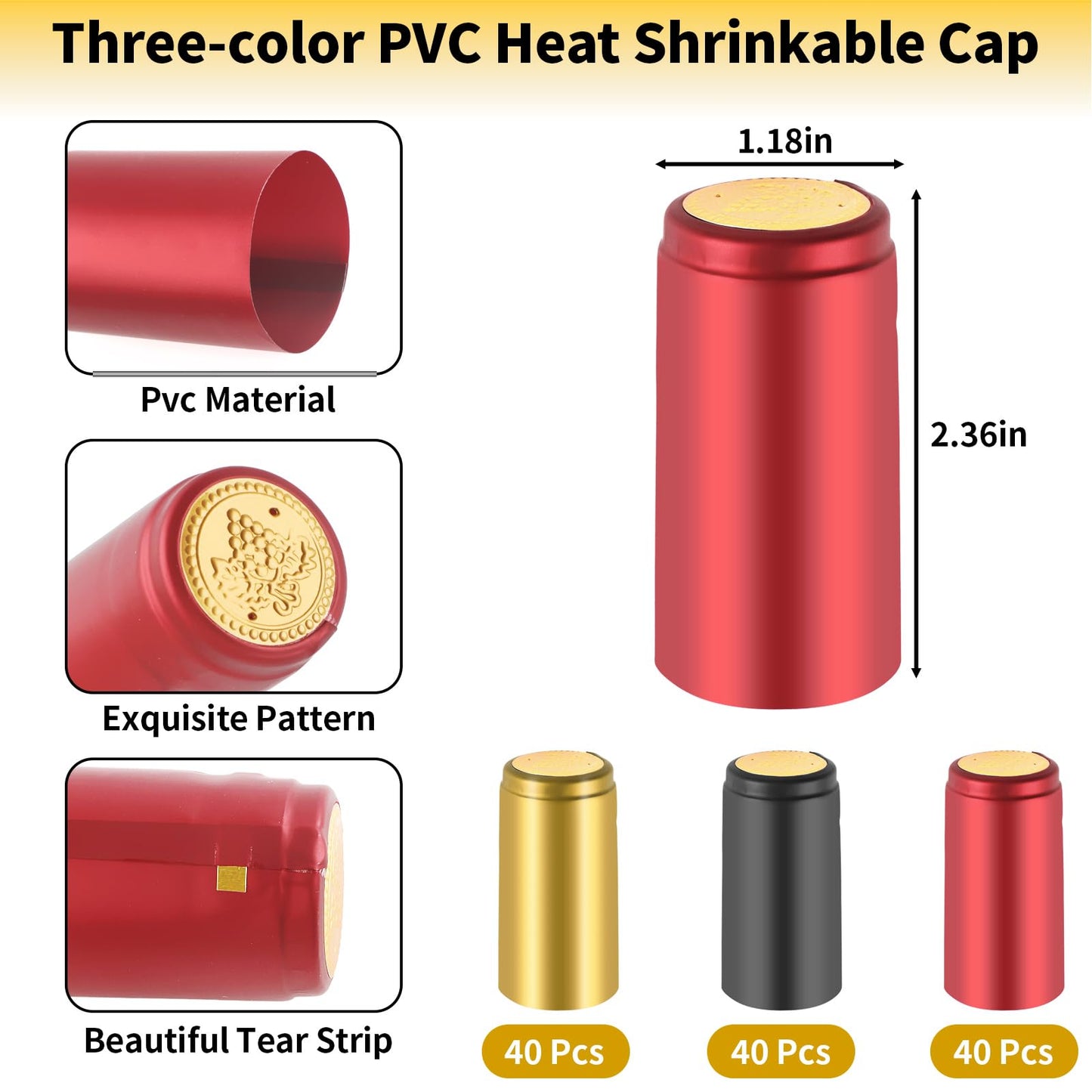 PVC Heat Shrink Capsules, 120 Pieces Wine Shrink Wrap Caps, 3 Color Wine Bottle Capsules Shrink Caps for Professional Wine Making Cellars and Home Use (Black, Red, Gold)