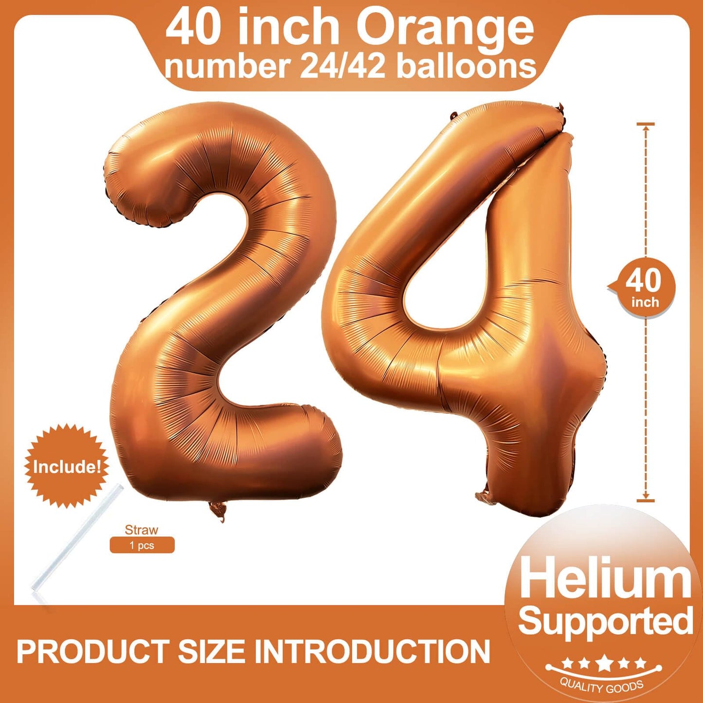 Number 24 Orange Balloons 40 Inch Giant Orange 24 or 42 Number Foil Helium Balloons for 24th Orange Birthday Party Supplies 42th Anniversary Events Decorations