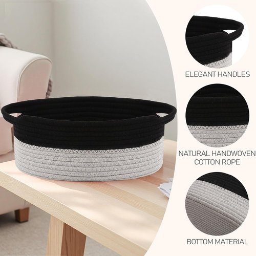 JMvicyroam Woven Storage Basket - Small Rope Organizer with Handles for Shelves & Closets | Black & Grey