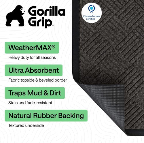 GORILLA GRIP Waterproof All-Season WeatherMAX Doormat - Natural Rubber, Stain & Fade Resistant, 29x17 Gray Diamond