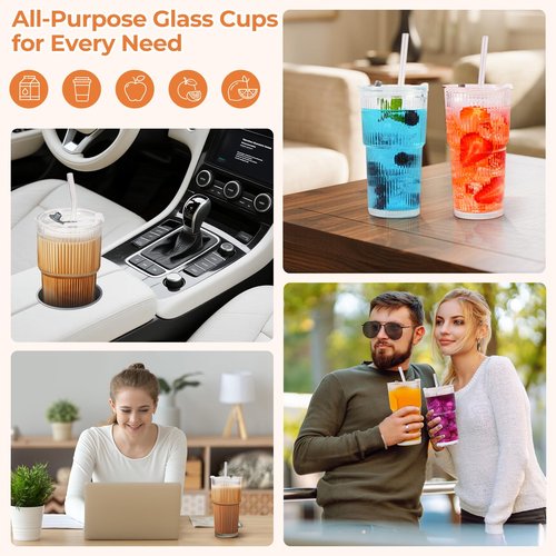 4 Pack 20 Oz Glass Cups with Lids and Straws Iced Coffee Cups Vintage Ribbed Glassware for Beer Ice Coffee Fruit Juice Elegant Aesthetic Cup Glass Iced Coffee Tumbler Include 2 Cleaning Brushes