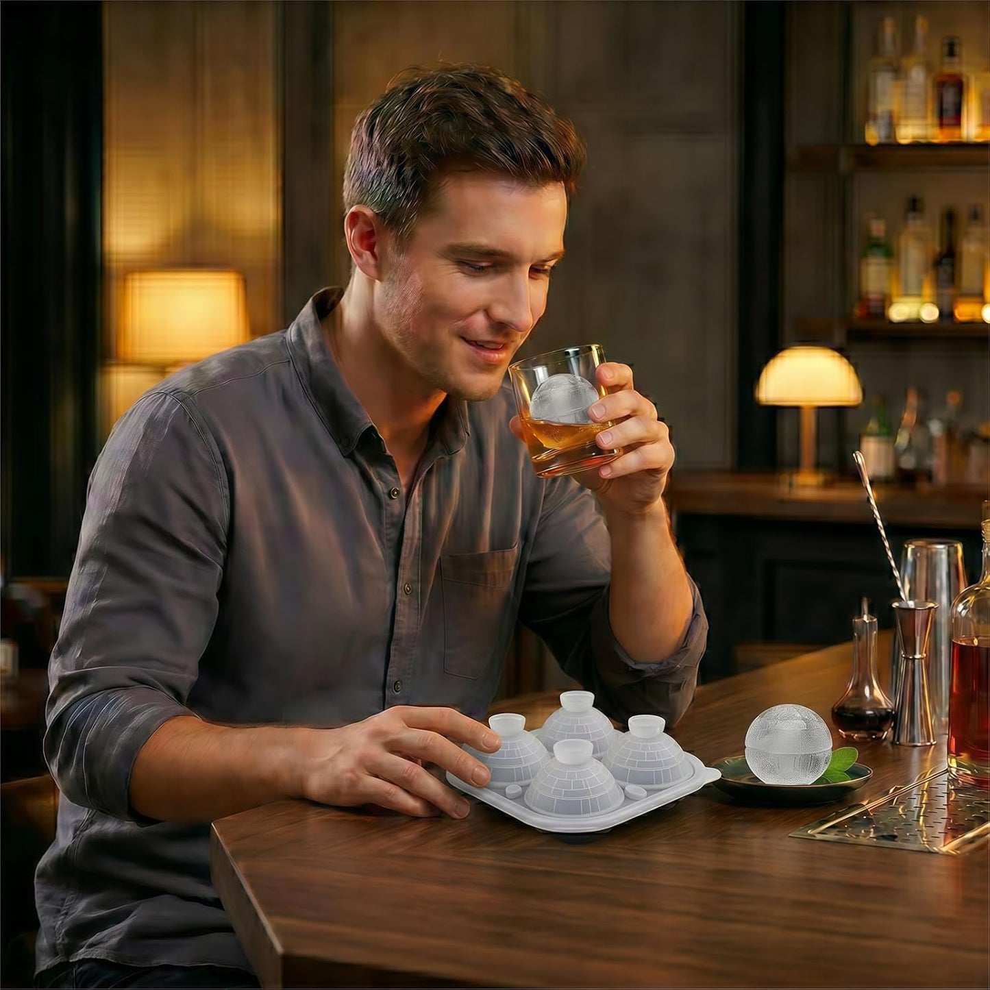 SpaceTime Large Ice Cube Tray - Silicone Round Ice Cube Mold with Lids & Funnel, 2.5 Inch for Whiskey & Cocktails