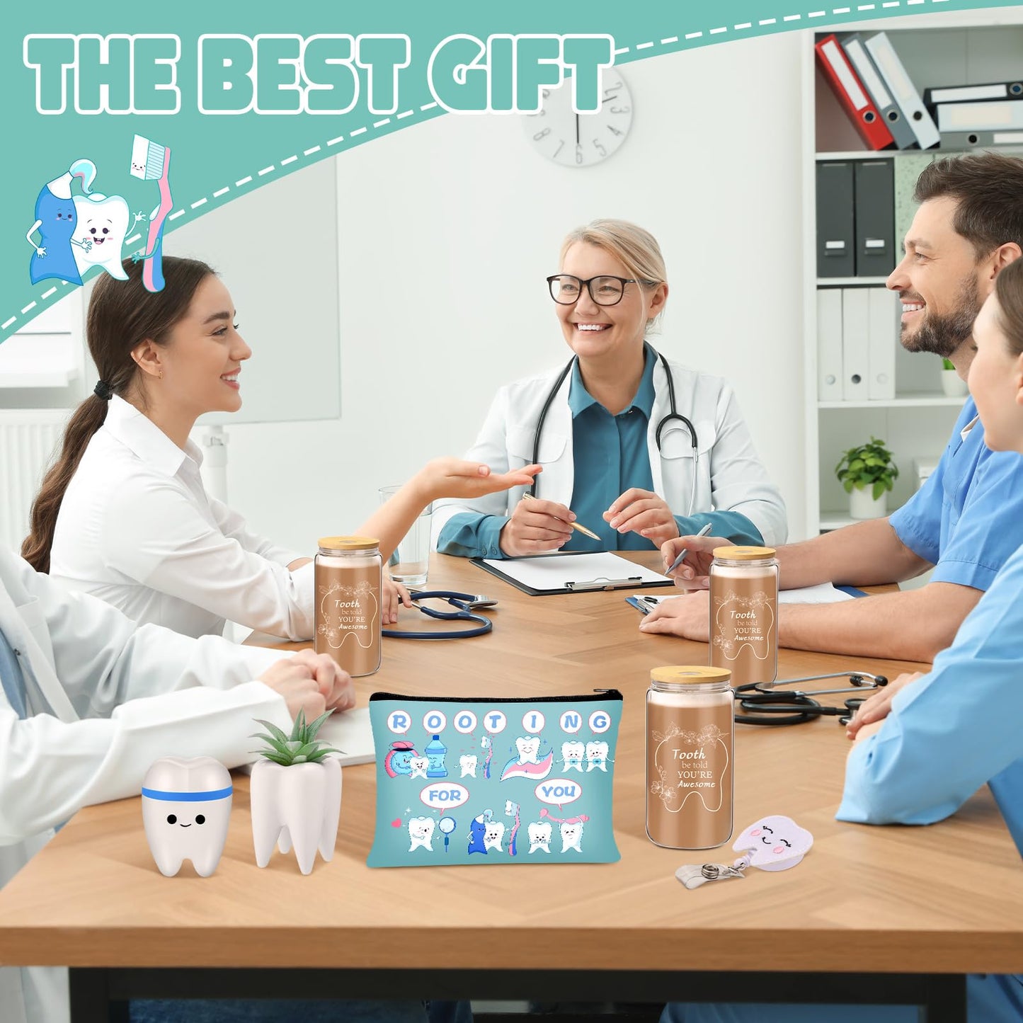 Pickmesh 6 Pcs Nurse Week Appreciation Gifts Dentist Hygienist Gifts 16 oz Glass Cups with Lid Makeup Bag Socks Badge Holder Tooth Brush Pot for Women Doctor Nurse Appreciation Accessories(Blue)
