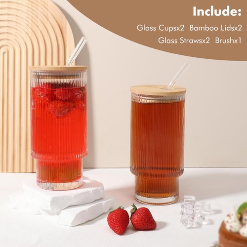 AiMQnLe Glass Cups with Bamboo Lids and Straws - 16 oz Reusable Iced Coffee Cups, Vintage Ribbed Drinking Glasses, To Go Tumbler for Juice, Beer, Coffee, Milk, Cocktail, Water (2 Pack)