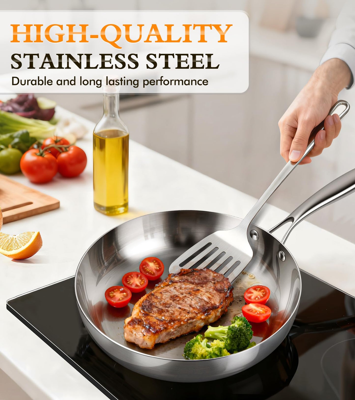16-Piece Pots and Pans Set, Tri-Ply Stainless Steel Cookware Set with Lids, Non-toxic Kitchen Cooking Set, Dishwasher-Friendly, Induction-Ready, Even Heating, Heavy Duty, Compatible with All Cooktops