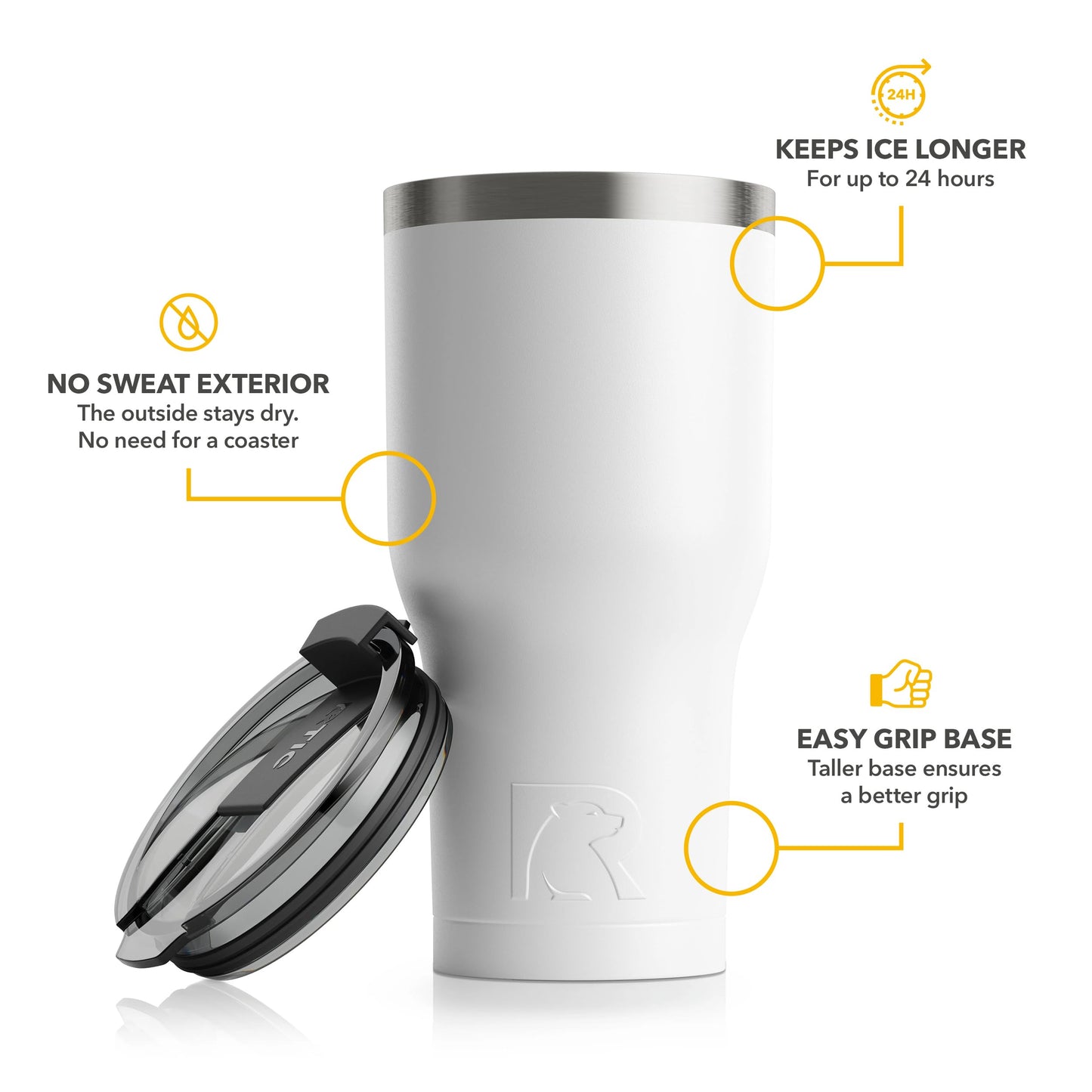 RTIC 30 oz Insulated Tumbler Stainless Steel Coffee Travel Mug with Lid, Spill Proof, Hot Beverage and Cold, Portable Thermal Cup for Car, Camping, White