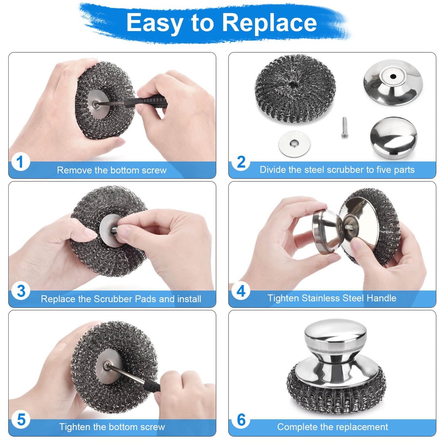 7PCS Steel Wool Scrubber Pads, Stainless Steel Scrubber Set with 1PCS Handle, Metal Scrubbers for Cleaning Kitchen and Household, Dishes, Stoves, Grill, Wash Sink, Pots