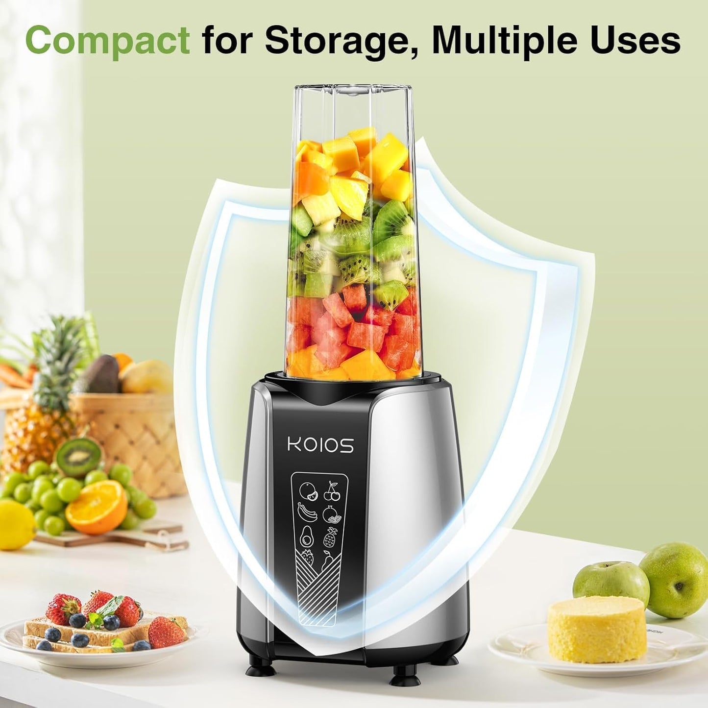 KOIOS Smoothie Blender - Powerful 1000W Personal Blender for Shakes & Smoothies | Includes 12-Piece Coffee Grinder Set & 2x22 oz To-Go Cups, Non-BPA