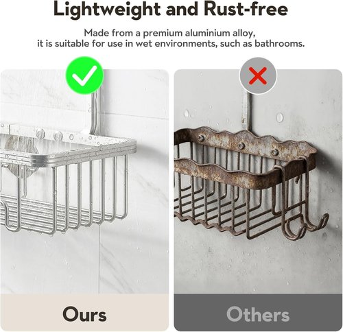 Aluminum Shower Caddy by [Brand Name] - Rust-Free Hanging Organizer with Hooks & Soap Holder | Bright Silver