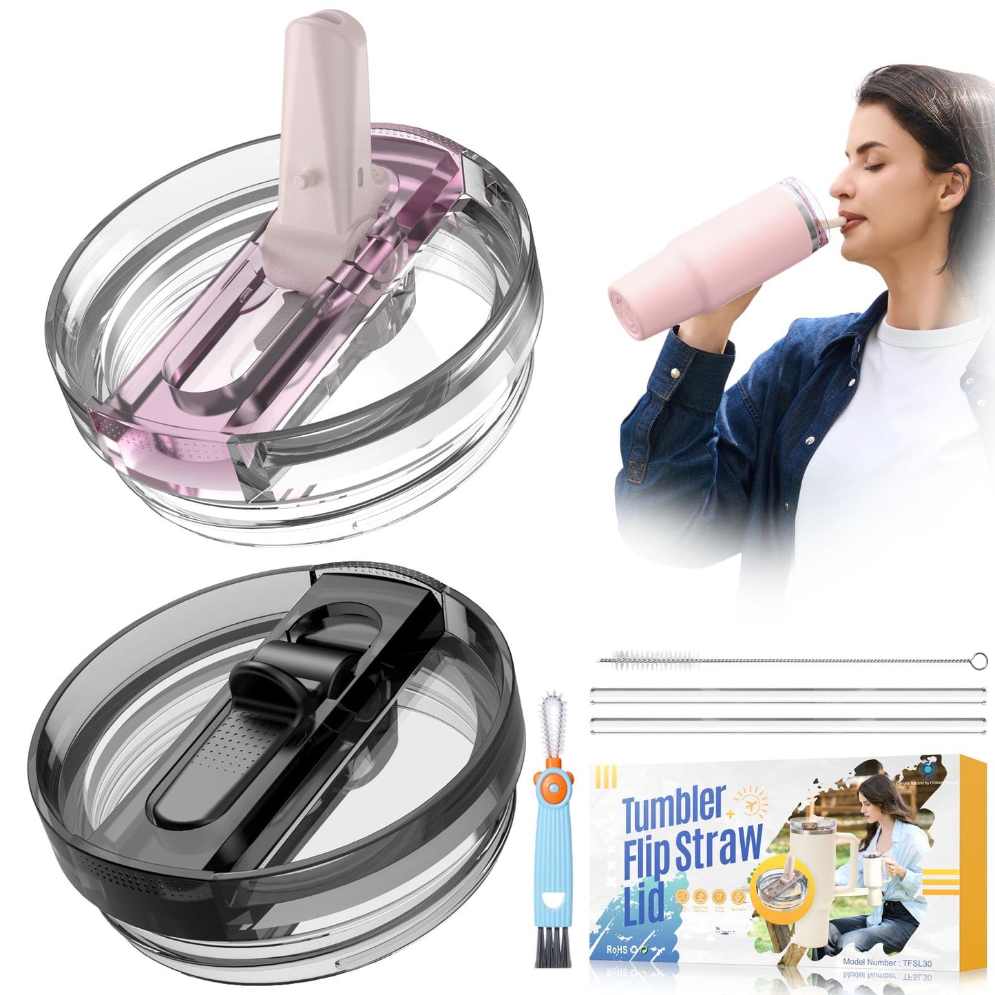 Leak Proof Lid for Stanley, 2 Pack 30oz Detachable ProTour Lid with Stanley Quencher, Flip Straw No Spill 30 oz Tumbler Lids, BFA-FREE Cup Accessories