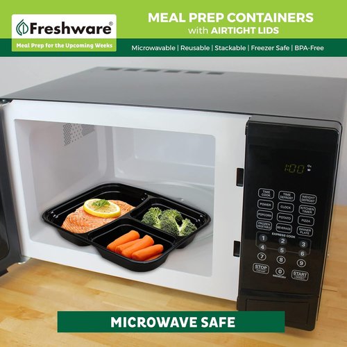 Freshware Meal Prep Containers - 50 Pack 3-Compartment Food Storage Bento Boxes | BPA-Free, Stackable, Microwave Safe (24 oz)