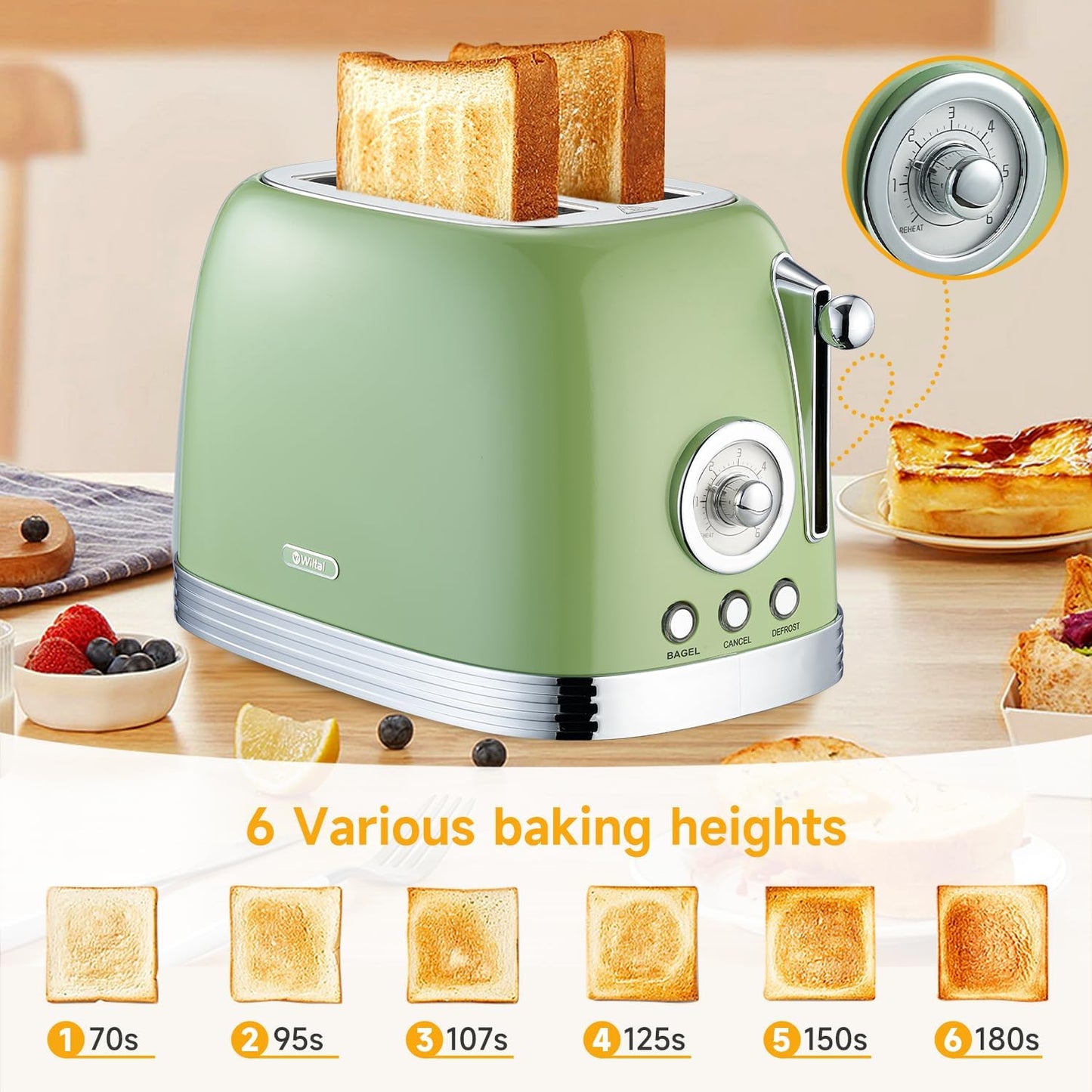 Wiltal Green Retro 2-Slice Toaster - 1.58" Wide Slots, Stainless Steel Lid, Warming Rack & Countdown Timer