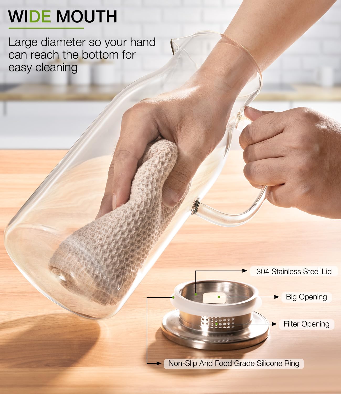 LUNA&MANTHA Glass Pitcher, 2 Liter 68oz Water Pitcher with Lid and Spout, Large Ice Tea Jug for Fridge, Thick Drink Jug with Handle for Juice, Coffee, Borosilicate Glass Carafe Hot/Cold Beverage