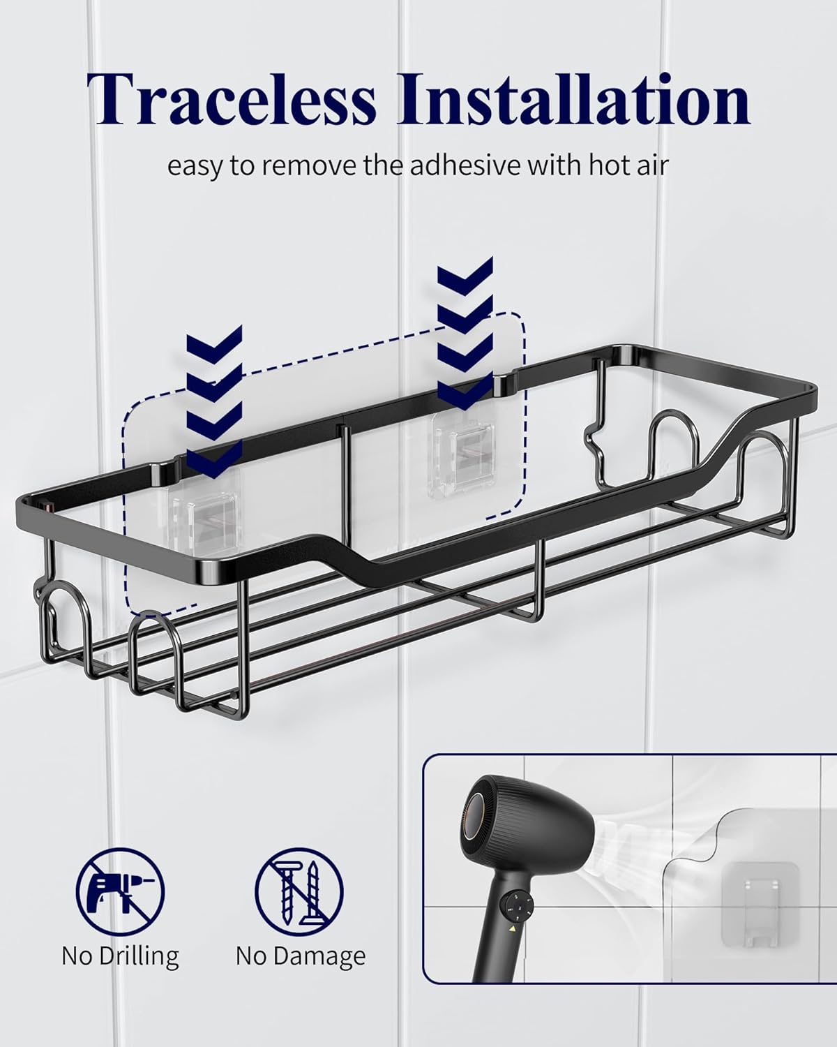 Kitsure Shower Caddy - Large Adhesive Organizer | Stainless Steel Shelf for No-Drill Bathroom Storage, 2 Pack, Black