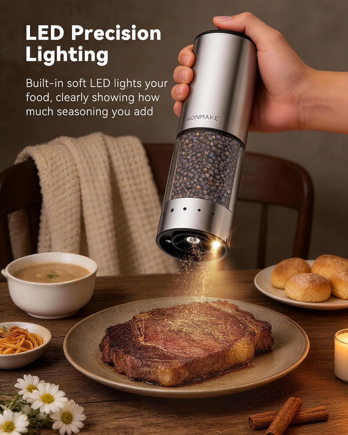 Skiennix Electric Salt and Pepper Grinder Set - Type-C Rechargeable with LED Display | Stainless Steel, 5 Coarseness Levels