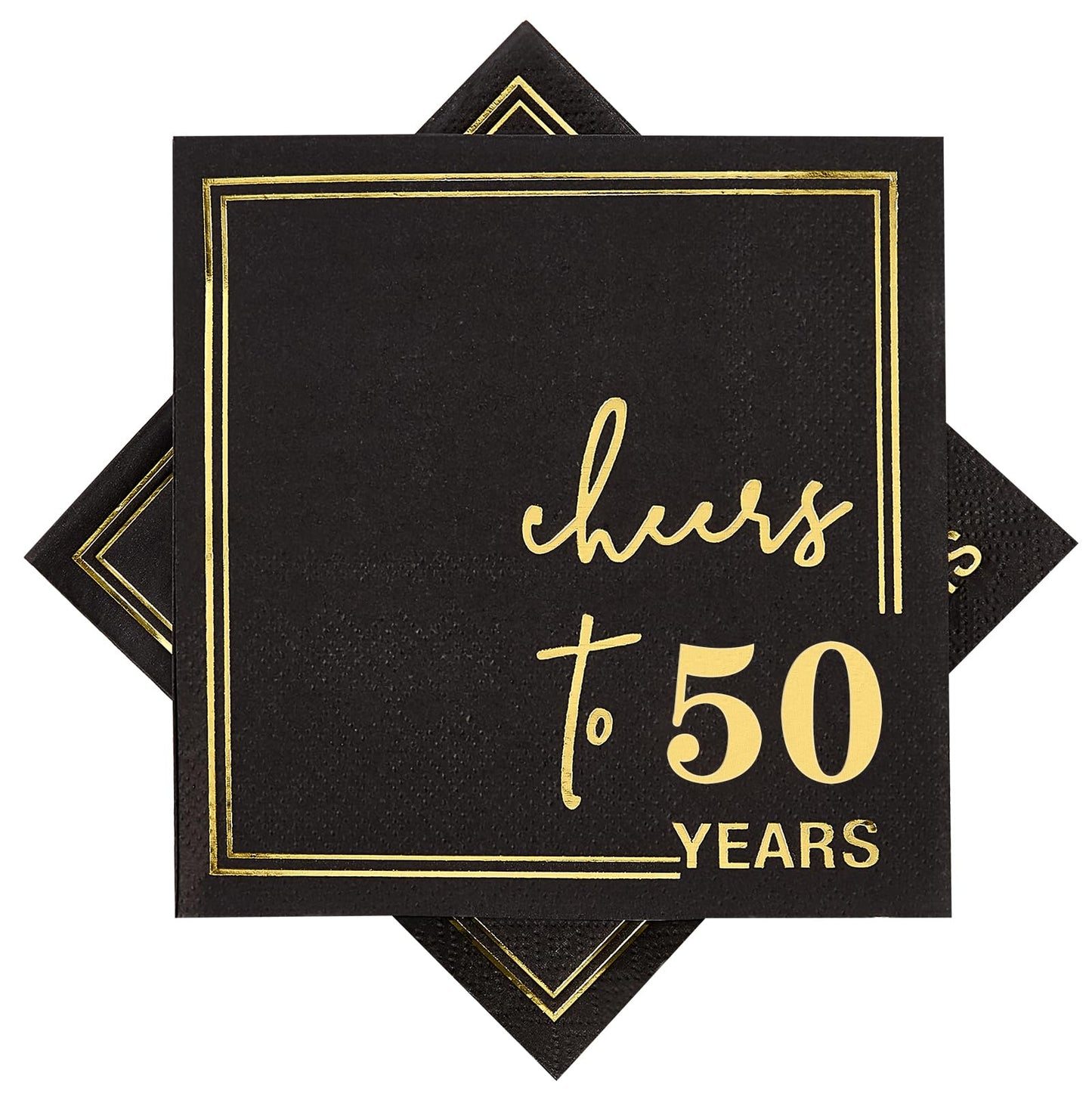 Ottin Cheers to 50 Years Cocktail Napkins, Black and Gold 50th Birthday & 50th Wedding Anniversary Decorations, 3-Ply 5x5 Inch Beverage Napkins, Gold Foil Disposable Party Napkins, 50 Count