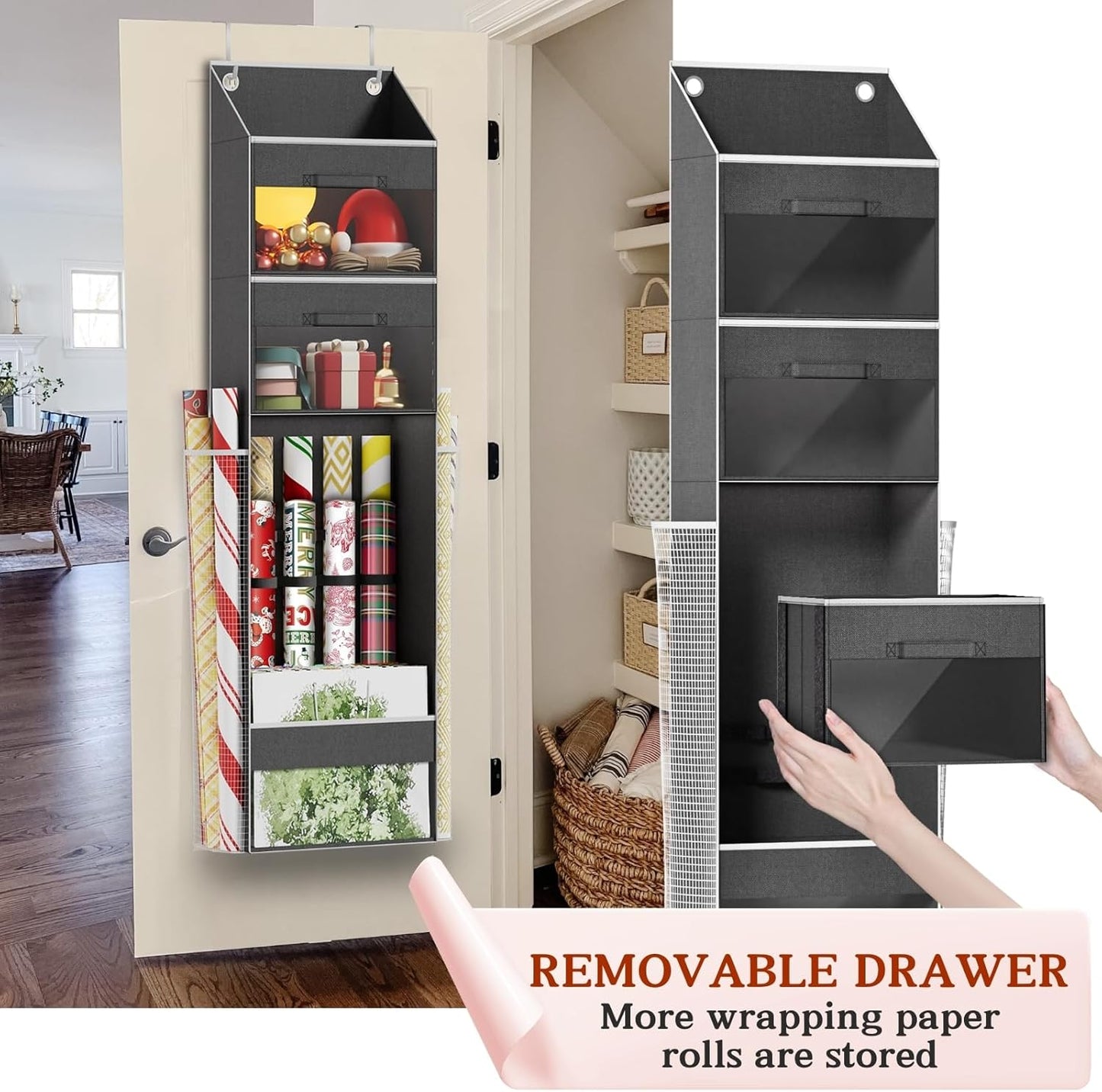 Skiennix Over Door Wrapping Paper Organizer - 3 Removable Drawers & Side Pockets | Christmas Gift Wrap Storage