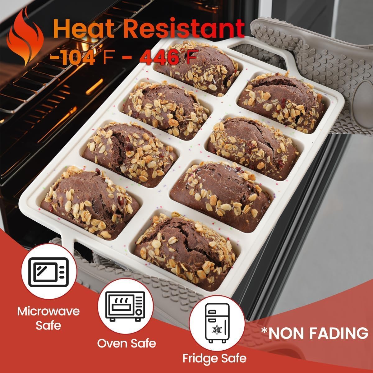 Mini Loaf Pan Silicone, Metal Reinforced Silicone Mini Bread Loaf Pan Nonstick Cornbread Pan 8 Cavities Small Loaf Pans for Baking Bread, Loaf, Meatloaf, Brownie, Butter 1Pack Red