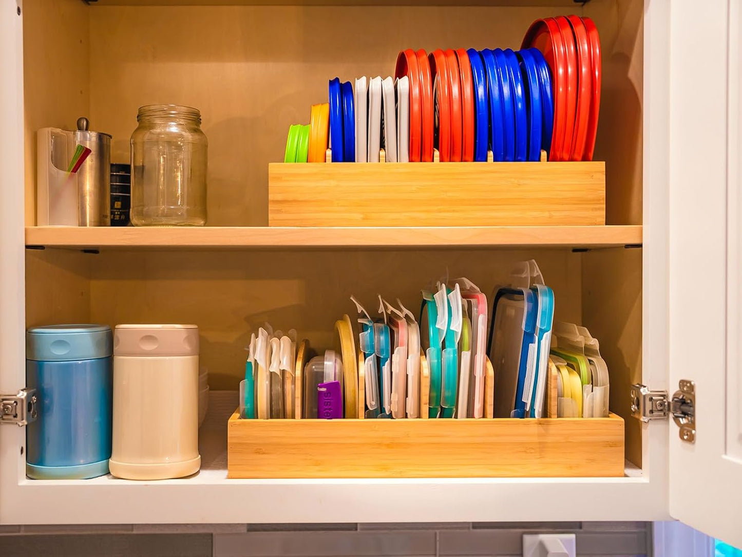 Umilife Kitchen Cabinet Organizer - Adjustable Bamboo Drawer Caddy for Food Storage Container Lids