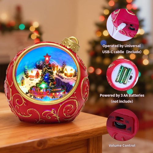 Animated Musical Christmas Village Figurines by [Brand Name] - Rotating Train & Lights | USB-C/Battery Powered, Auto 6H Timer