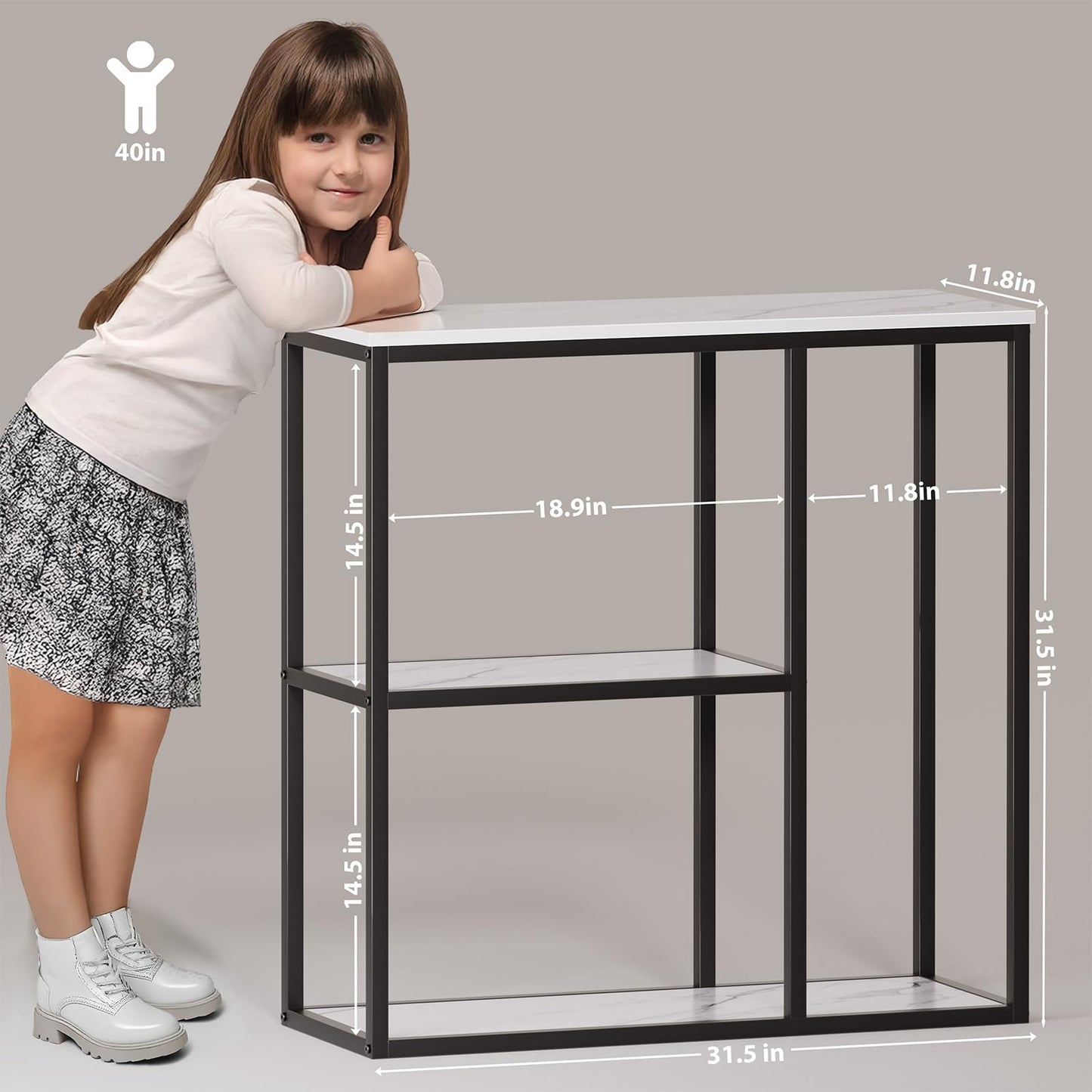 WOHOMO Console Table, 12 Inch Narrow Entryway Table for Living Room, 31.5 Inch Modern Industrial Sofa Table with 3-Tier Storage Shelves for Corridor, Hallway, White Marble