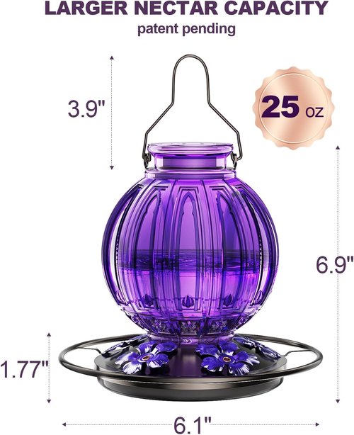 Glass Hummingbird Feeder - 26 Oz Outdoor Nectar Feeder with 5 Flower Ports & Perch | Purple Garden Decor