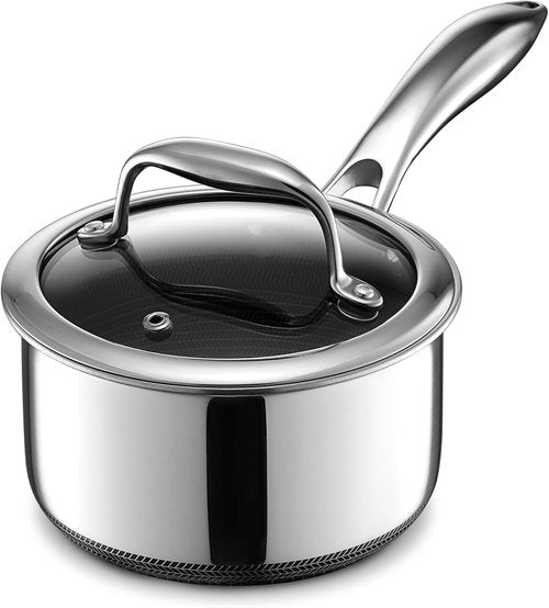 HexClad Hybrid Nonstick 1-Quart Saucepan - Tempered Glass Lid, Stay-Cool Handle, Oven-Safe Up to 900°F