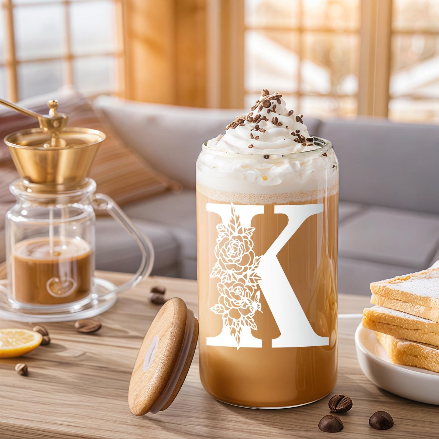 Valentines Day Gifts for Women Decorations：Initial Glass Cup as Office Graduation Memorial Personalized Birthday Gifts - for Mom Teens Wife Girlfriend Sister Daughter Gifts - K Aesthetic Cup