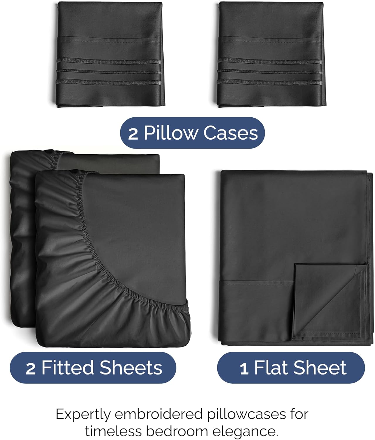 Split King Size 5-Piece Sheet Set - Comfy Cooling Bed Sheets | Luxurious Hotel Quality - Deep Pockets, Soft & Wrinkle-Free - Oeko-Tex Certified - Black