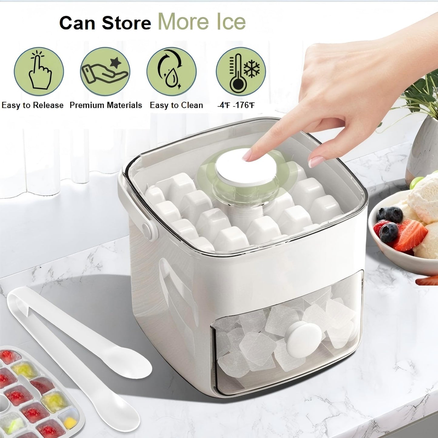 Ice Cube Tray with Lid & Bin Ice Maker for Freezer Ice Trays Ice Container- Ice Molds for Whiskey, Cocktail, Coffee Drinks, Beer with Ice Tongs Kitchen Gadgets Tools (White)