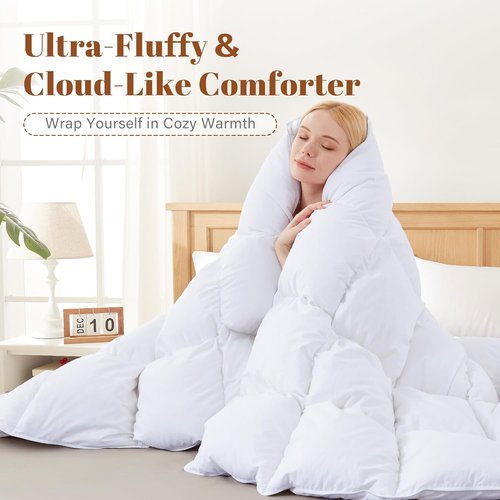 Feather and Down Comforter - Luxurious All-Season Queen Size Duvet Insert | 100% Cotton Cover, Soft & Fluffy, 90 x 90 Inches