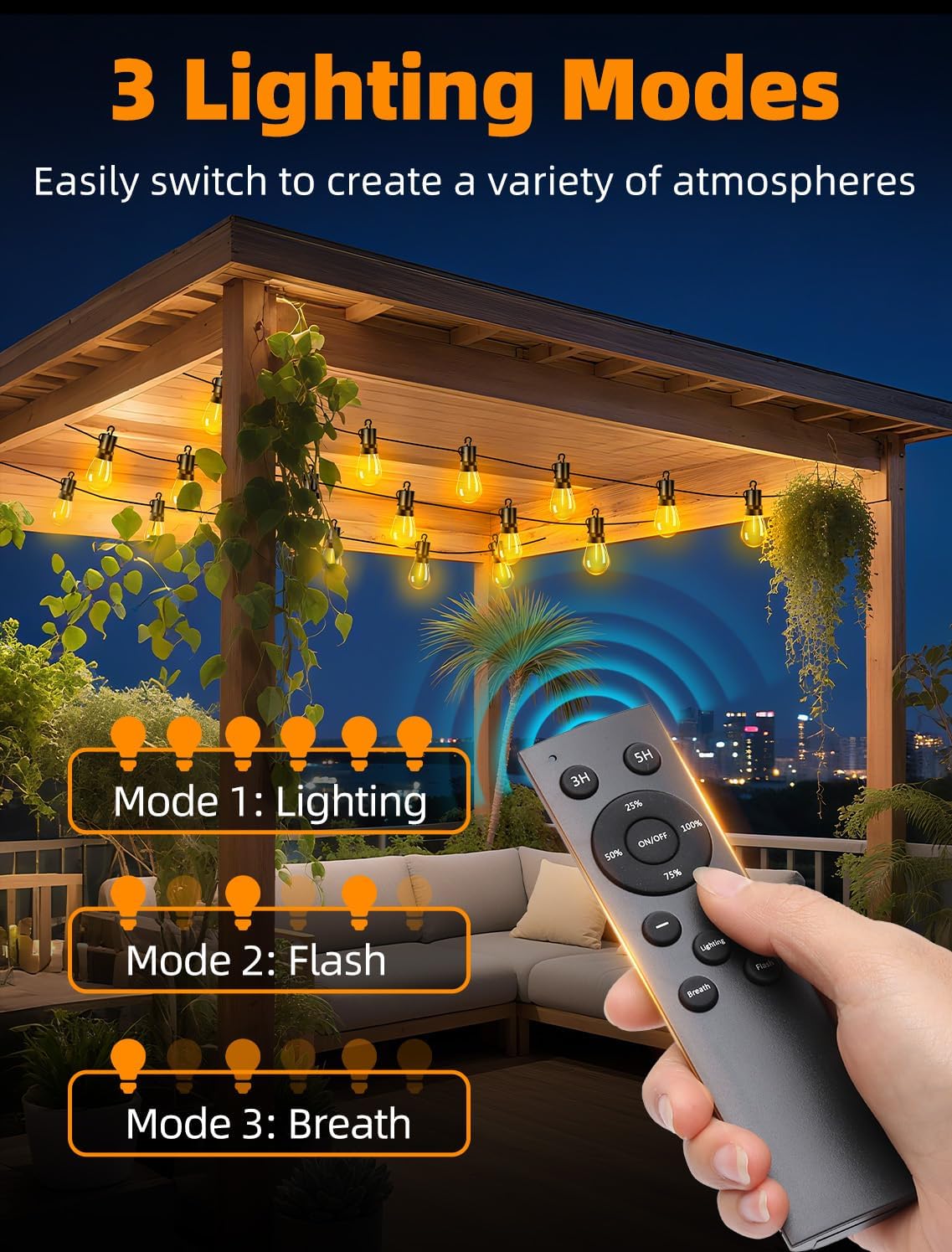 Skiennix Outdoor Patio String Lights - 50Ft Waterproof Shatterproof Bulbs | Remote Dimmable Hanging Lighting