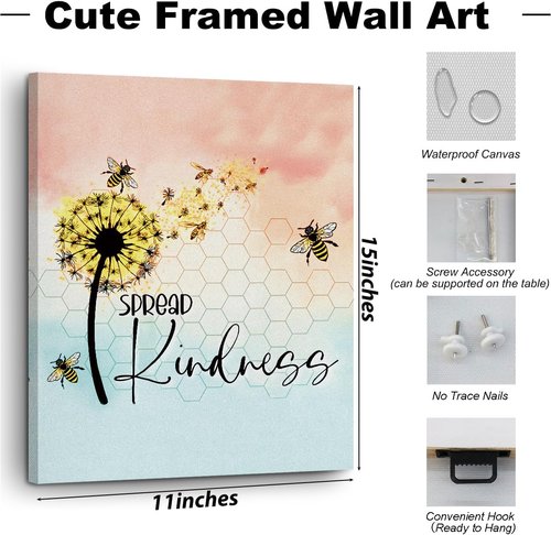 Henhesaha Cute Bee Decor - Inspirational Quotes Canvas Wall Art | Framed Aesthetic Prints for Home & Bedroom (11.4x15 IN)