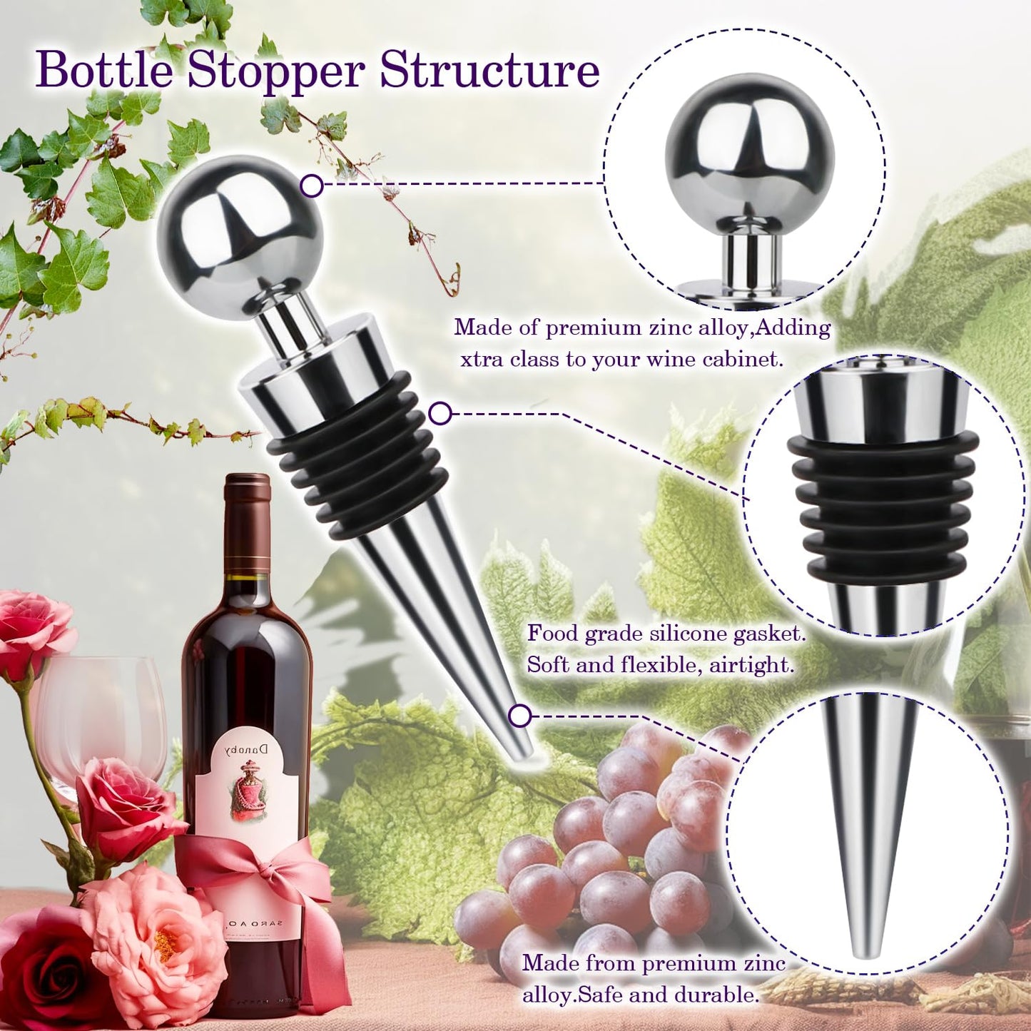 3 Pcs Wine Stopper Bottle Stopper Wine Saver, Yimerlen Silicone Vacuum Wine Bottle Corks, Reusable Wine Stopper Used for Bar, Holiday Party Keep Wine Fresh Suitable for Standard Bottle (Silver)