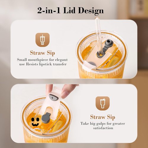 GOSCHE 20oz Glass Tumblers - Ribbed Iced Coffee Cups with Straws & Lids | Leak-Proof, Dishwasher Safe, Clear - 4 Pack