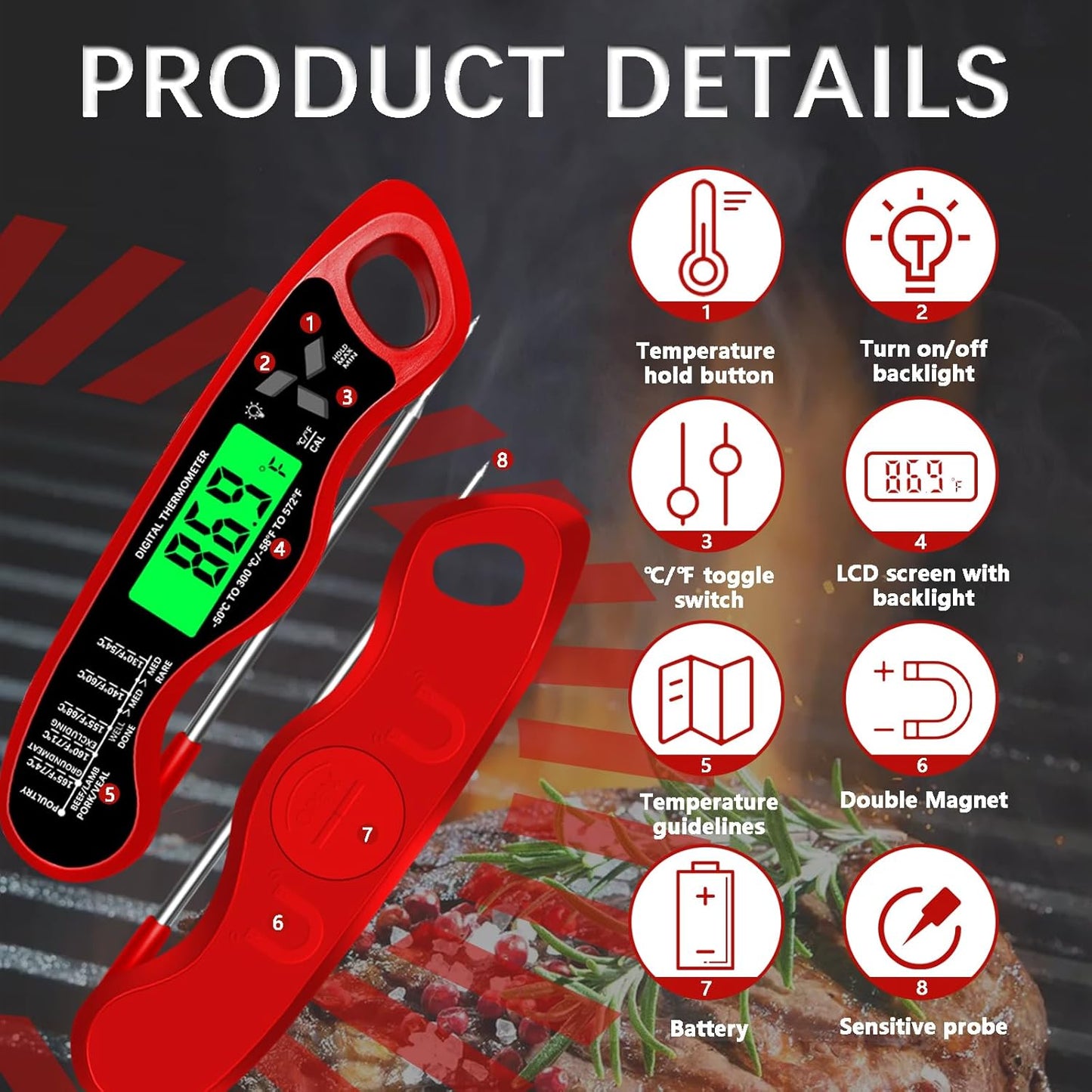 Meat Thermometer - Skiennix Digital IP67 Waterproof Cooking Thermometer with Backlight & Calibration