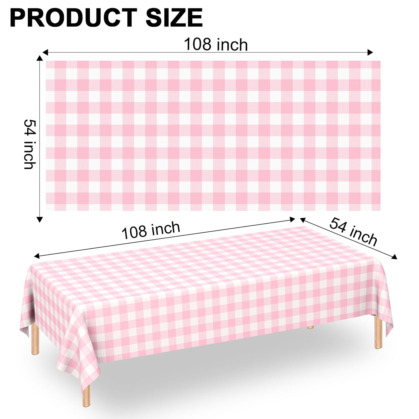 4 Pack Pink Gingham Tablecloth Rectangular Pink and White Checkered Tablecloths Disposable Plastic Pink Plaid Table Cover for Parties, Outdoor Picnic, Birthday, Wedding, Camping 54 × 108 Inch