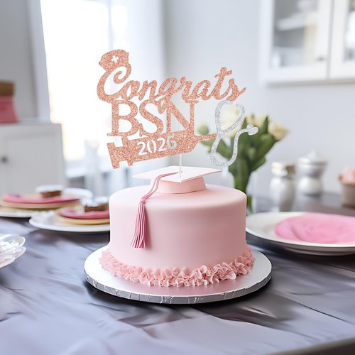 BSN Graduation Cake Topper - 2026 Nurse RN Medical School Party Decoration | Rose Gold Glitter
