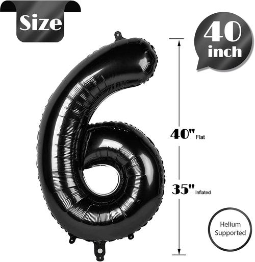 IWERP Black 40-Inch Number Balloon - 6th Birthday Decoration for Boys & Girls | Reusable & Self-Sealing