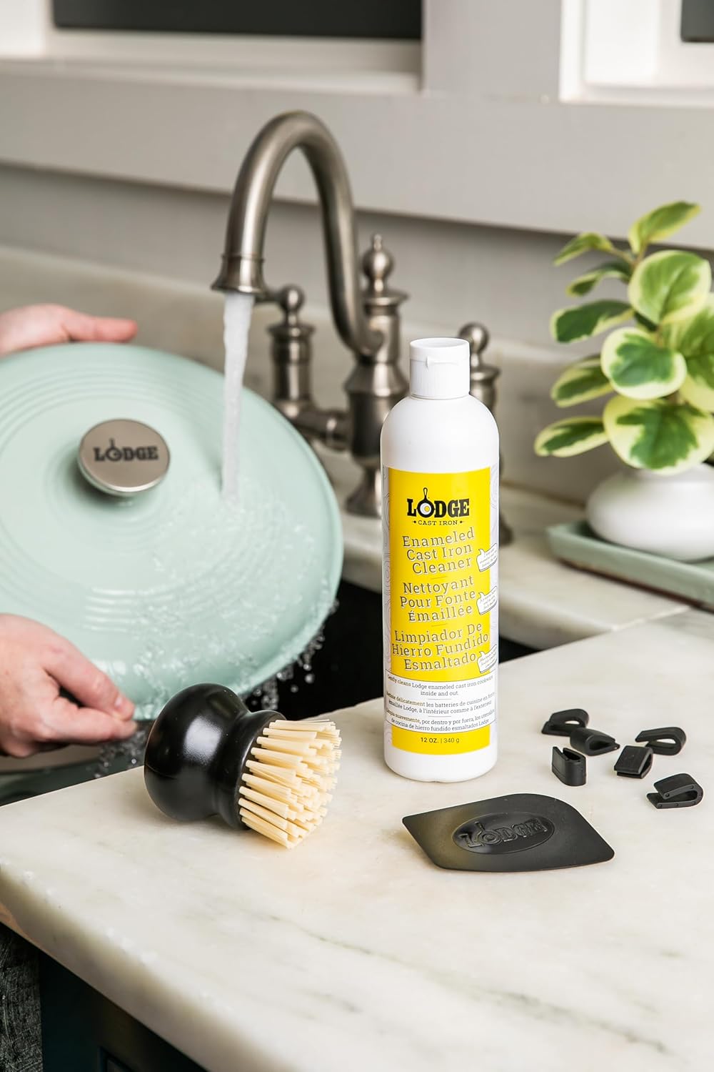 Lodge Enameled Cast Iron & Ceramic Cleaner Care Kit - 5-Piece Set with 11oz Cleaner, Scraper, Brush & Protectors
