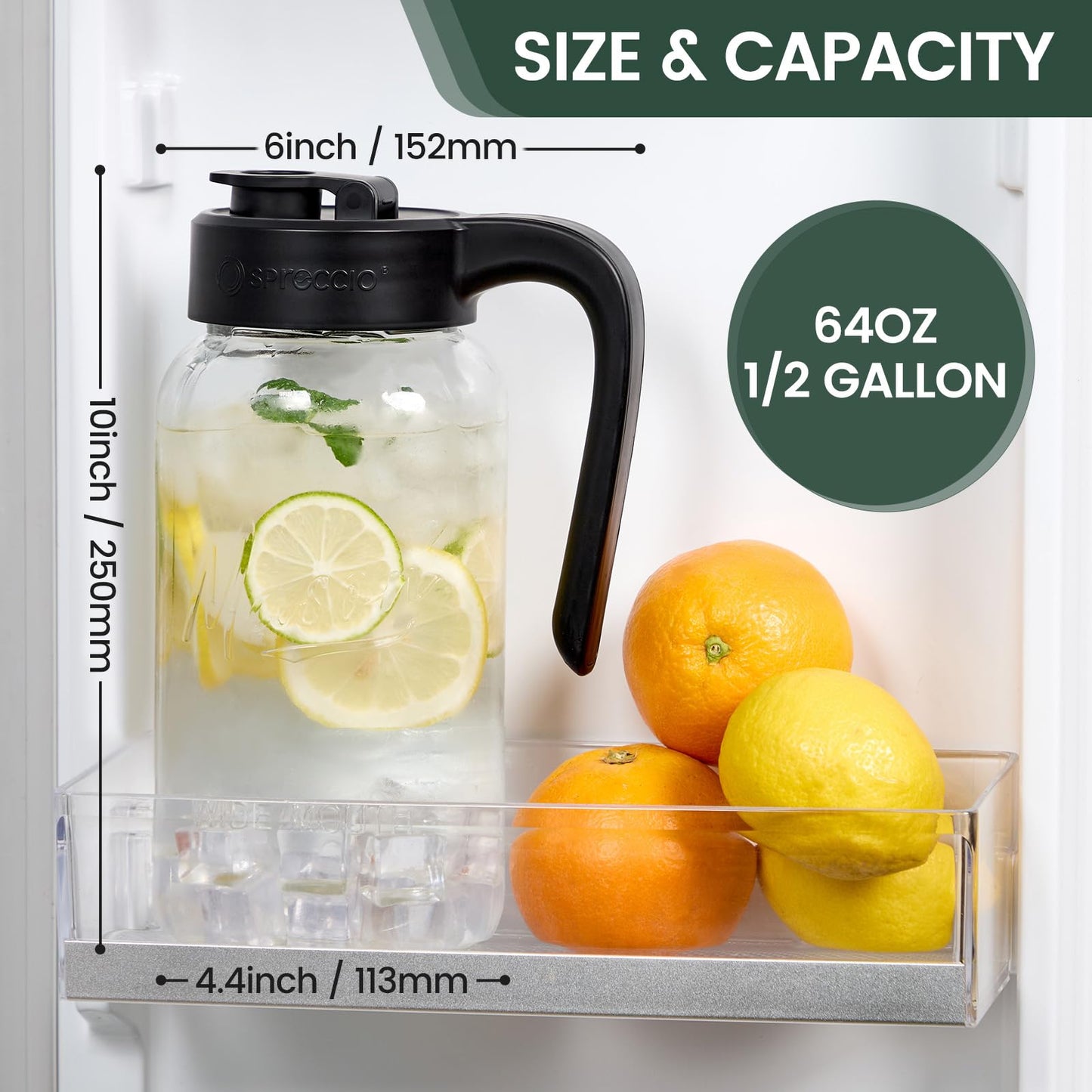 Spreccio Mason Jar Pitcher - Airtight & Leakproof Glass Pitcher with Lid[set of 2], Perfect for Breastmilk, Cold Brew, and Sun Tea, 2 Quart (64 oz) Mason Jar with Pour Spout Lid